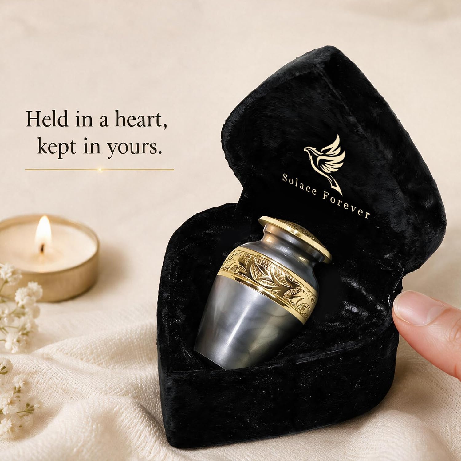 Small Urns for Human Ashes with Velvet Heart Case - Brass Hand Engraved - Mini Memorial Urn for Ashes - Gray Keepsake Cremation Urn for Mom, Dad, Baby & Someone Special