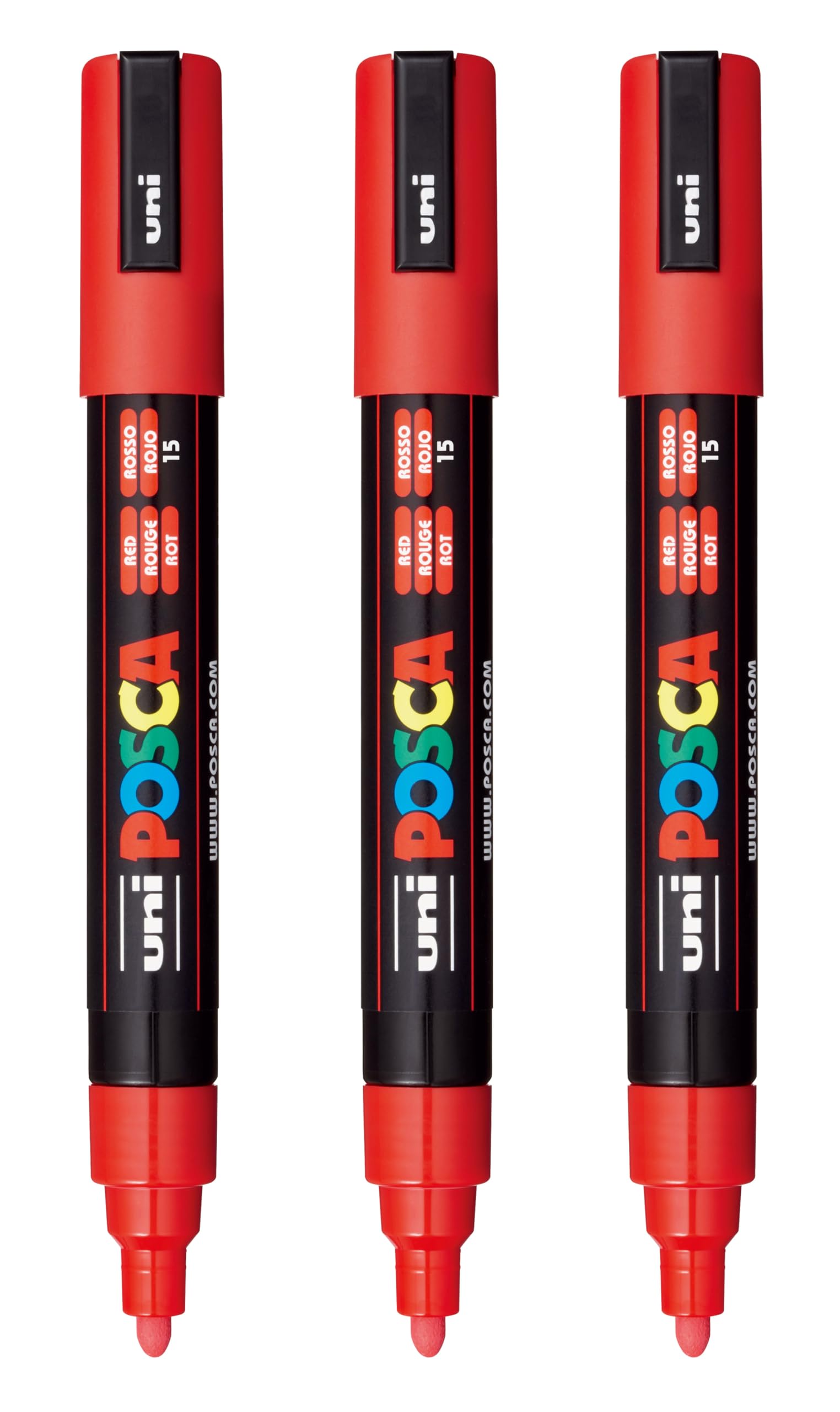 posca PC-5M Water-Based Paint Markers, Reversible Medium Tip (1.8-2.5mm), Red, 3 Count