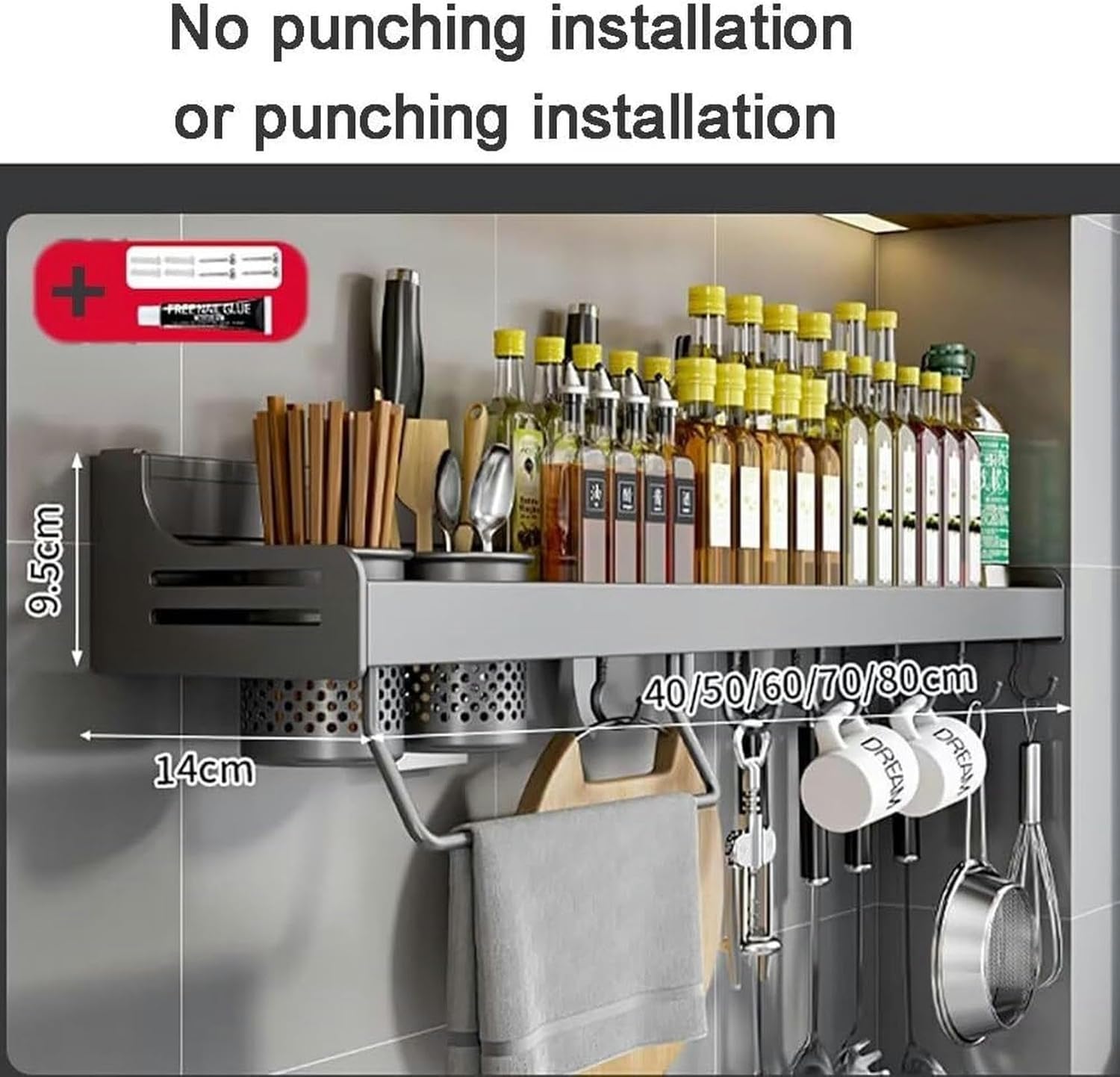 Organizer for Portaspezie A Parete - Ripiani Da Cucina In Metallo Con Installazione Senza Chiodi for Spezie, Erbe E Condimenti
