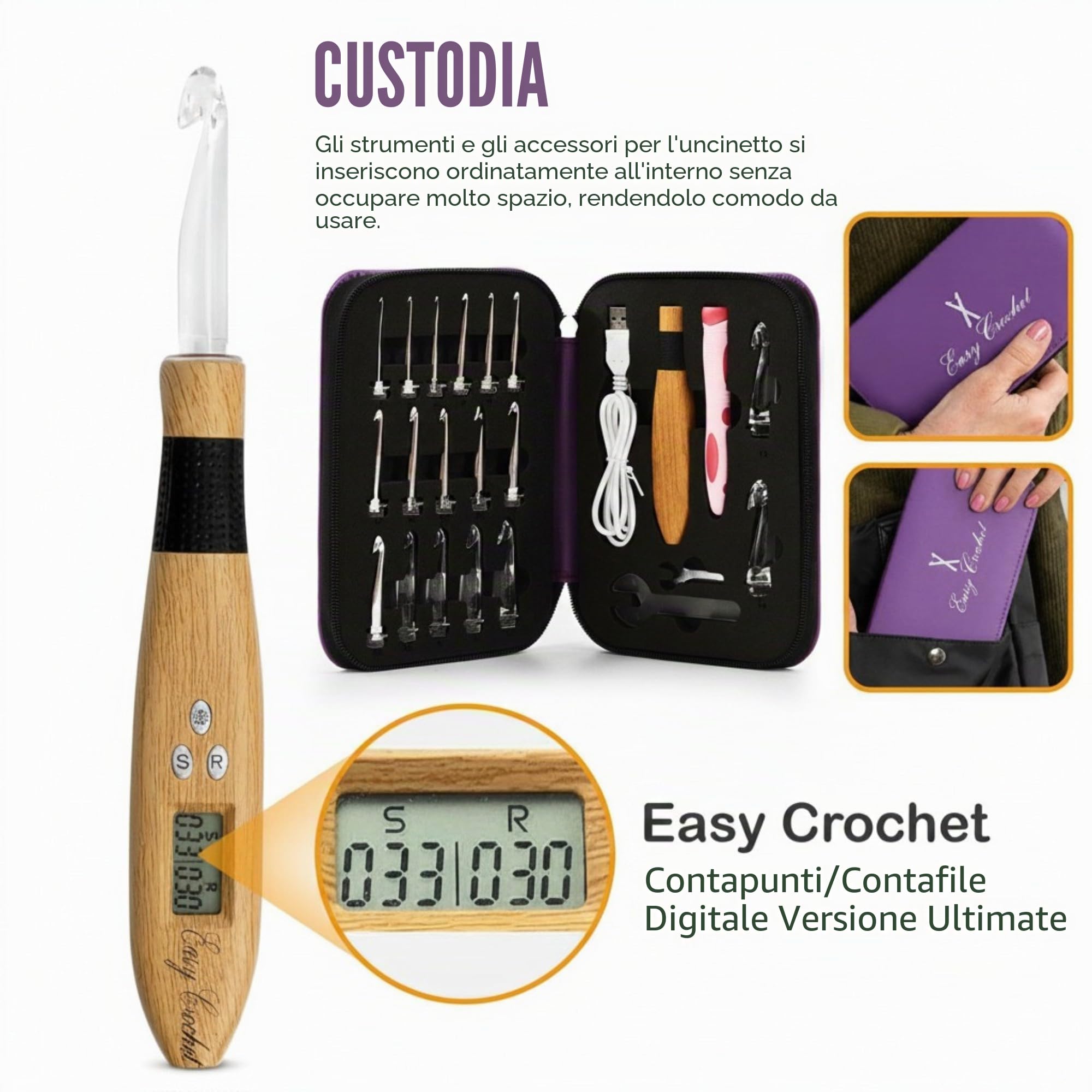 Set di uncinetti e maniglie, 18 ganci luminosi in alluminio e plastica, impugnatura morbida ergonomica, con indicatore digitale a LED, kit per lavorare a maglia, facile da usare