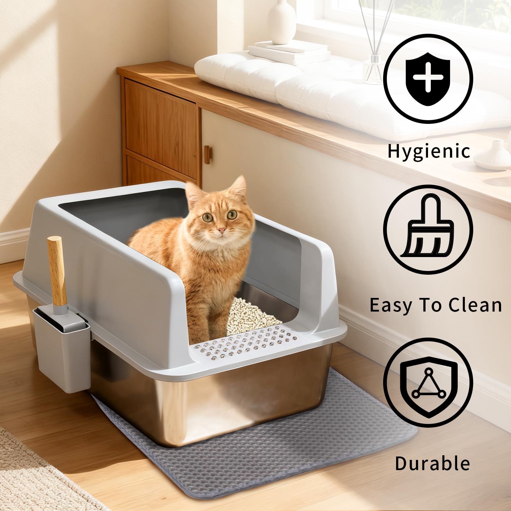 BingoPaw Katzenklo Edelstahl XXL, Katzentoilette Edelstahl für große Katzen, offenes Katzenklo mit hohem Rand, Katzenstreuschaufel und Katzenstreu Matte, Silbergrau 60.5x40.5x31cm