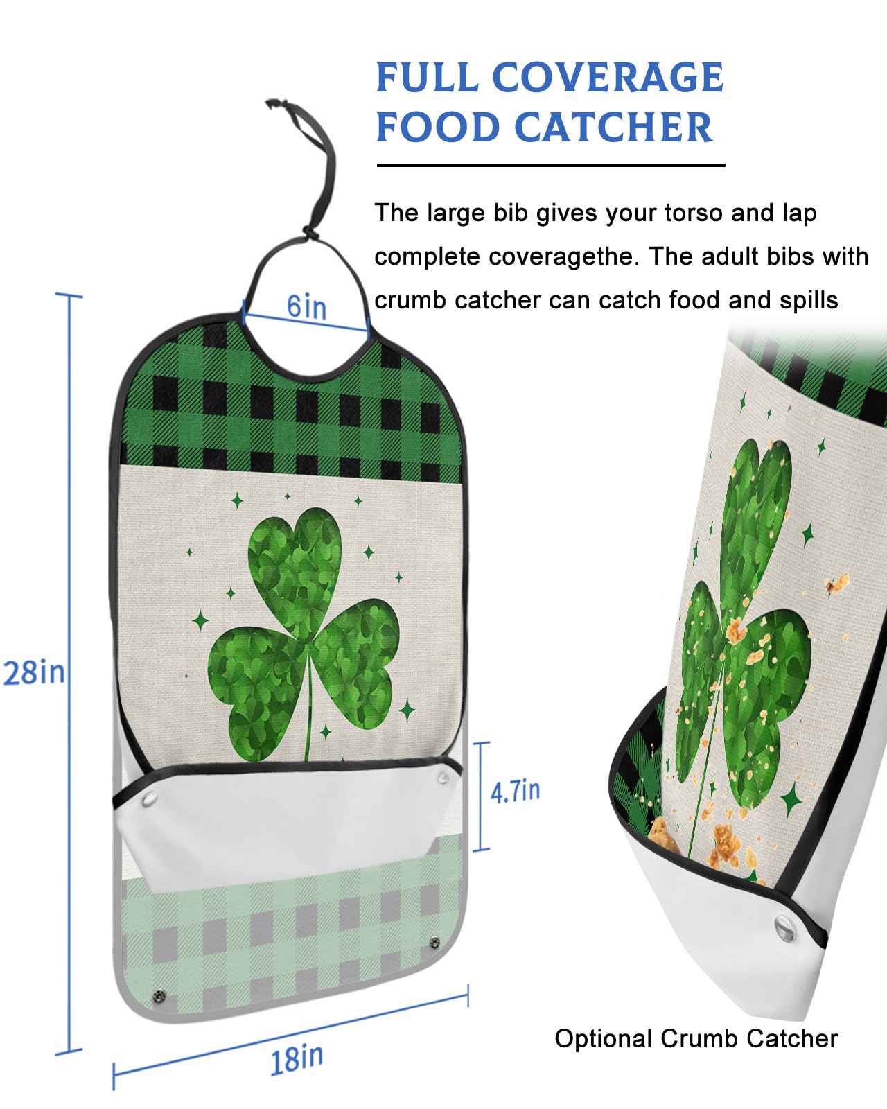 St. Patrick's Day Adult Bibs for Eating, Waterproof Bibs with Food Catcher & Adjustable Snap Closure, Green and Black Checkered Lucky Clover Clothing Protectors Adult Bibs for Elderly Women/Men