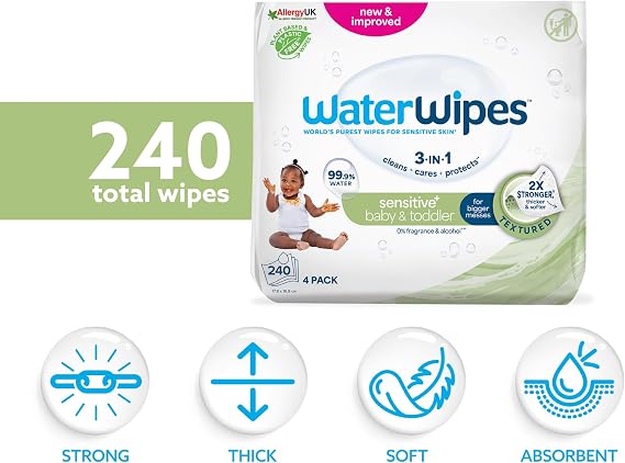 WaterWipes Sensitive+ Baby & Toddler Wipes, 99.9% Water, Unscented, 4 Pack