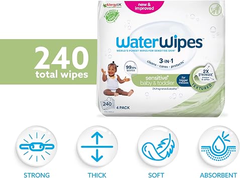 WaterWipes Sensitive+ Baby & Toddler Wipes, 99.9% Water, Unscented, 4 Pack