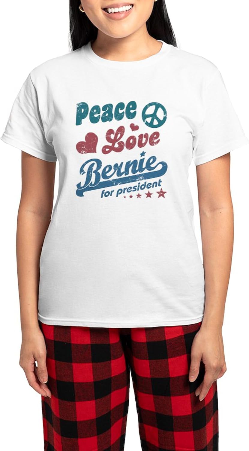 CafePress Peace Love Bernie Vintage Pajamas Women's Novelty Cotton Pajama Set, Comfortable PJ Sleepwear