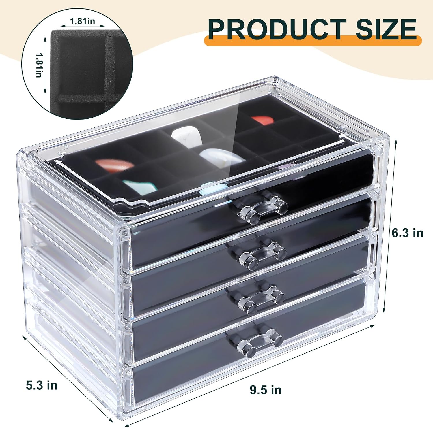Misdary Acrylic Rock Display Case 72 Grid Rock Collection Box for Kids 4 Drawers Velvet Insert Crystal Display Storage Case for Gemstone Fossil Crystal Stone Collectibles(Black)
