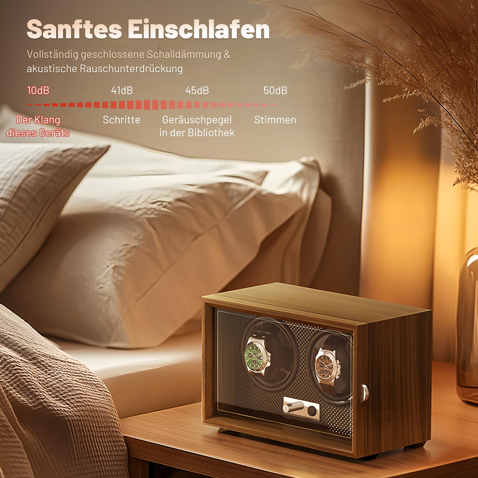 Uhrenbeweger für 2 Uhren – Leiser Motor, 4 Rotationsmodi, Magnetfeldschutz, Blaues Ambientelicht, Kompaktes Design
