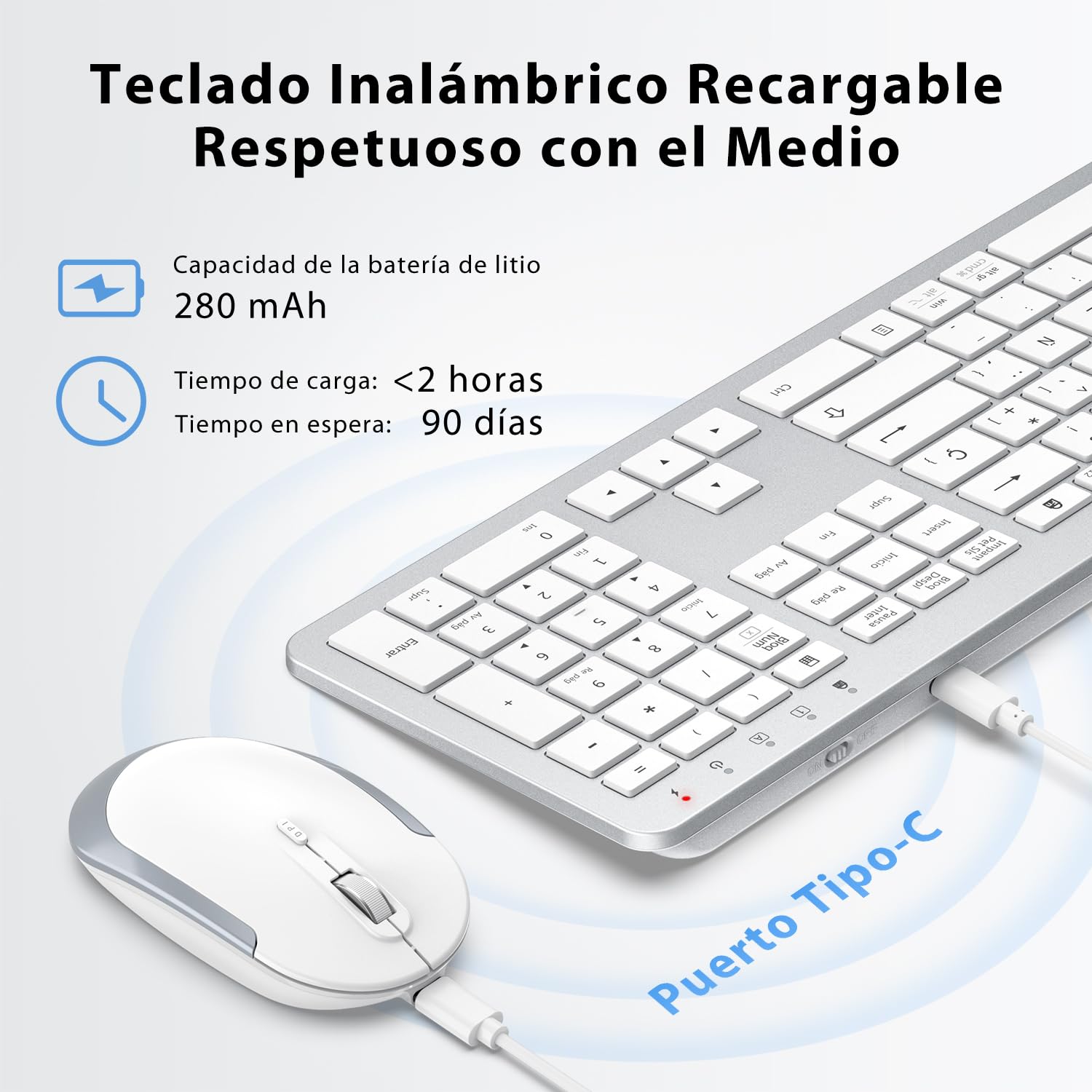 iClever Teclado y Ratón Inalámbrico GK08 Recargable Teclado Ergonómico Silencioso Diseño de Tamaño Completo con Teclado Numérico 2.4G Conexión Estable Teclado y Ratón Mac Delgado para Windows/Mac