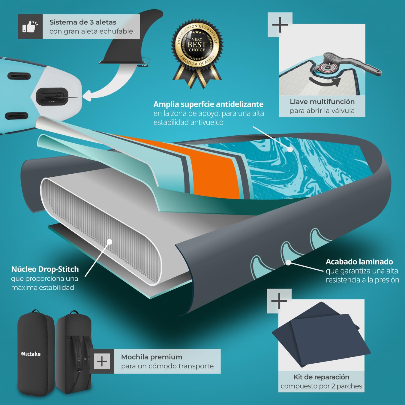 tectake® Tabla de Paddle Surf Hinchable, Incluye Remo 2 en 1, Asiento Incorporado de Kayak, Sup Hinchable, Bomba de Aire, Mochila Remo Doble y 3 Aletas, Tabla Hinchable, Carga Máx: 200kg