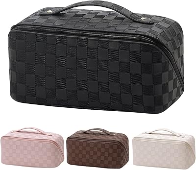 TBOLINE Large Capacity Travel Cosmetic Bag Checkered Makeup Bag PU Leather Waterproof Cosmetic Bag Travel Makeup Bag Organ...
