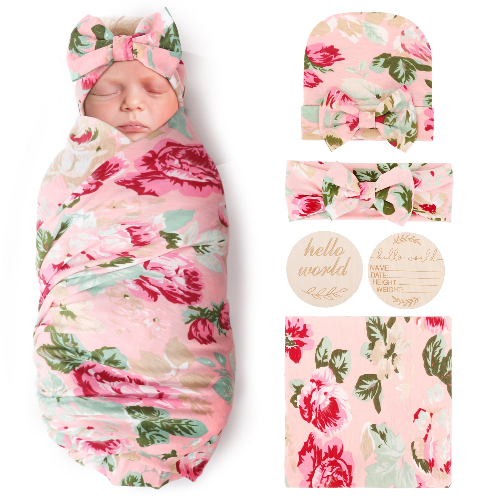 AQOKKA Newborn Receiving Blanket with Bow Hat Headband Wooden Card Set Newborns Toddler Baby Boy Girl Nursery Swaddle Wrap