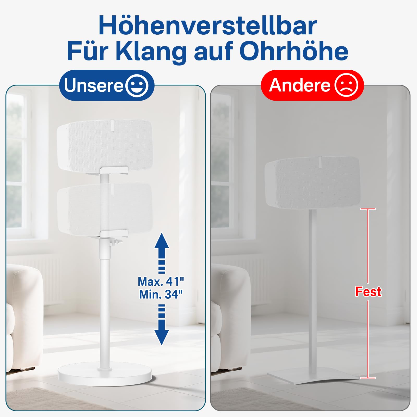 Höhenverstellbarer Lautsprecherständer: Bodenständer für horizontale/vertikale Ausrichtung, Kompatibel mit Sonos Play:5 (2. Gen.) und Sonos Five mit Kabelmanagement, Weiß