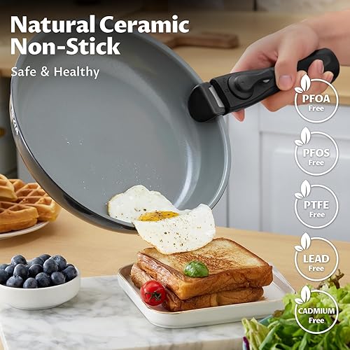 Miniatura 3 de BEZIA Utensilios de cocina de inducción con revestimiento de cerámica saludable, juego de ollas y sartenes antiadherentes, 10 piezas con asas