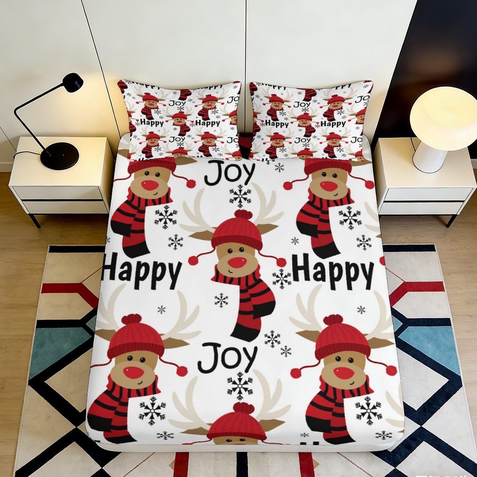 3D Printed Christmas Reindeer Fitted Sheet Microfiber Soft Festive Snowflake Bed Cover for Bedroom Guest Room Decor 90x200x25cm