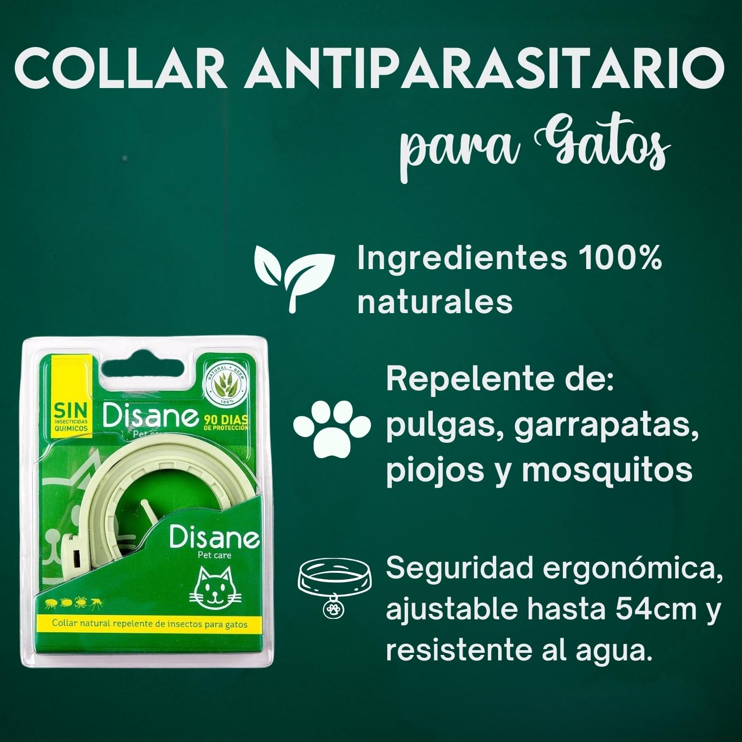 DISANE Collar Antiparasitario para Gatos 100% Natural | 3 Meses de Protección Contra Insectos y Parásitos: Repelente de Pulgas, Garrapatas y Mosquitos | Collar Antipulgas Gato Adulto y Cachorro