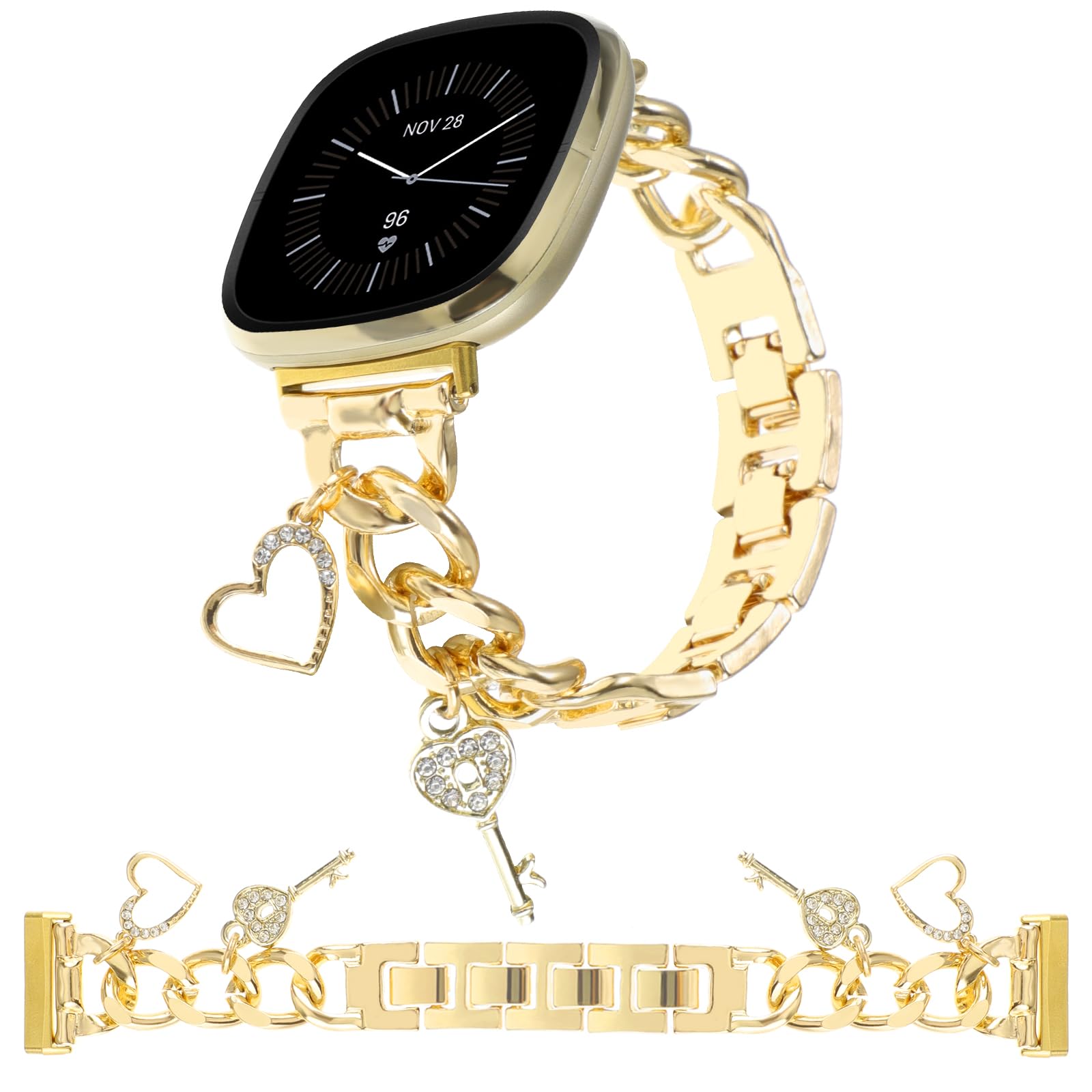 REALSIGN Stylish Metal Wristband Compatible with Fitbit Versa 3/Versa 4/Sense/Sense 2 Bands Women,Cuban Chain Band with Unique Charms Bling Love key