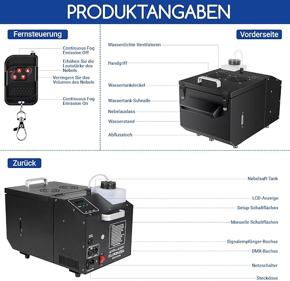 Telbum 1200W Boden Nebelmaschine mit Fernbedienung Wasserbasierte Nebelmaschine Bodennebelmaschine DMX 512 Manuelle SteuerungTimerfunktion Rauchmaschine für Hochzeit Party DJ Bühne Halloween