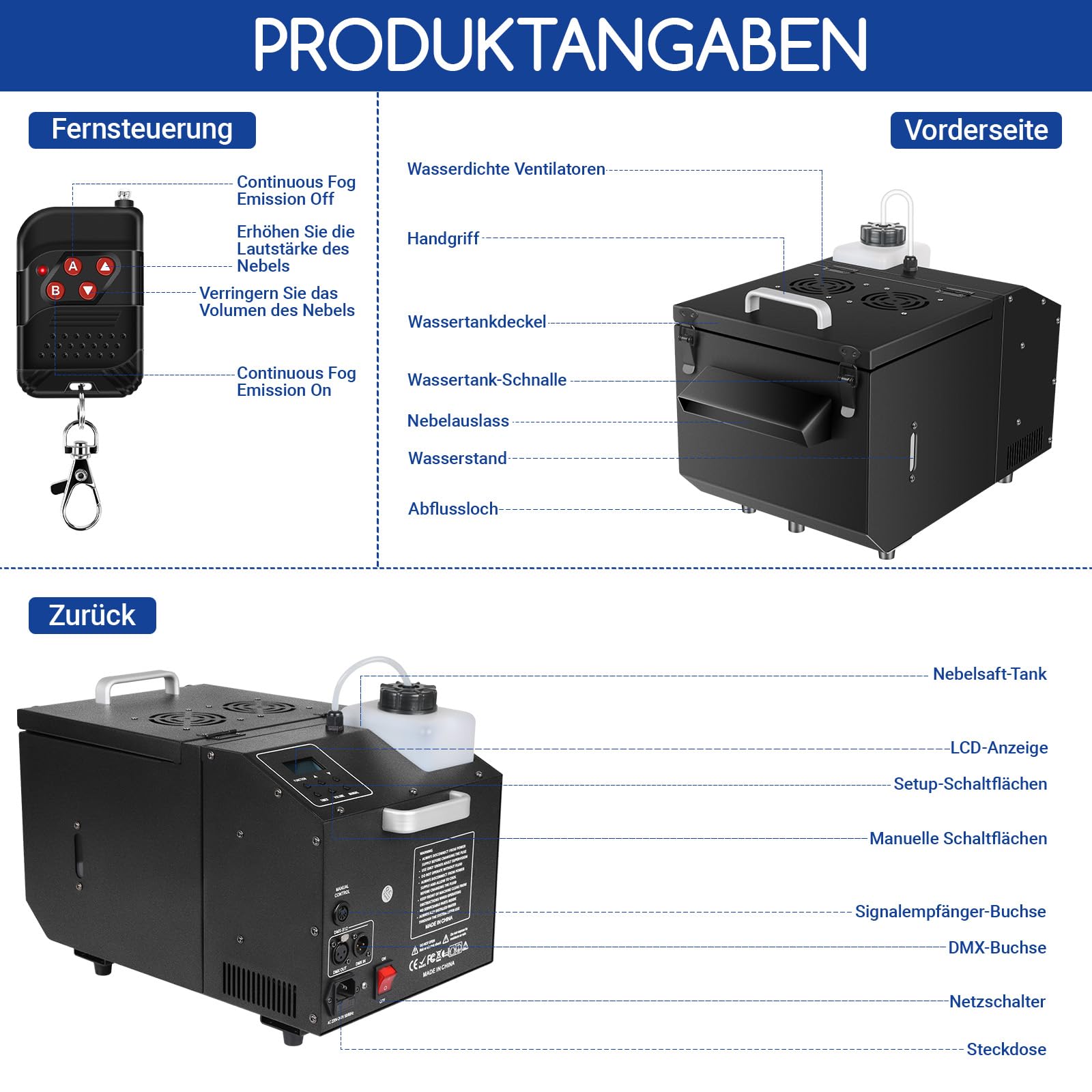 Telbum 1200W Boden Nebelmaschine mit Fernbedienung, Wasserbasierte Nebelmaschine Bodennebelmaschine, DMX 512, Manuelle Steuerung,Timerfunktion, Rauchmaschine für Hochzeit, Party, DJ, Bühne, Halloween
