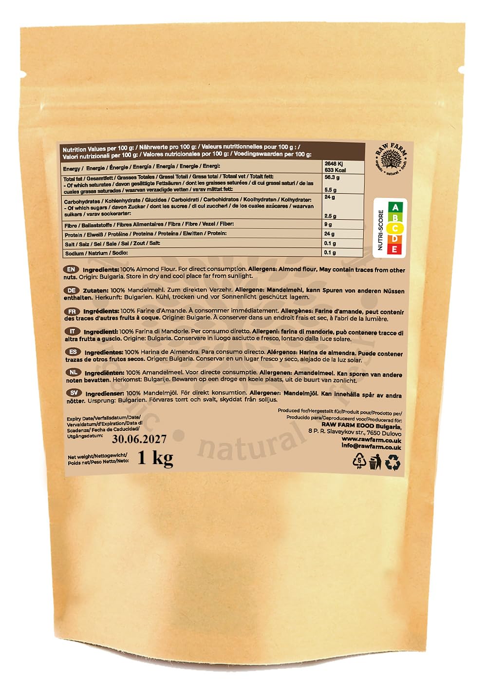 Raw Farm – Farine d’amandes 1 kg, finement moulue à partir d’amandes blanchies, sans gluten, compatible keto, idéale pour la pâtisserie, la cuisine et les recettes saines