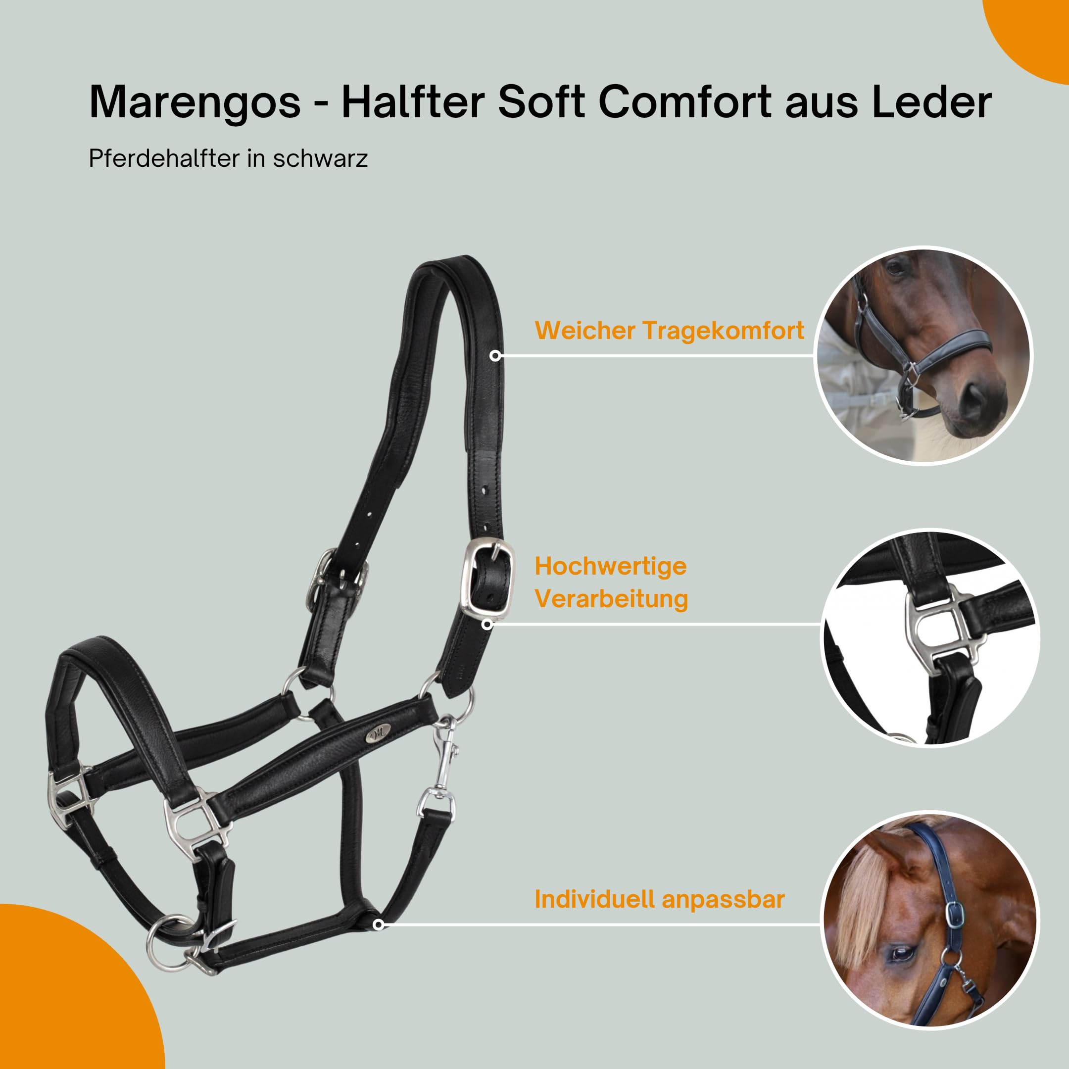 Marengos - Halfter Soft Comfort aus Leder – Pferdehalfter mit weich gepolstertem Nasenriemen & Genickstück – edles Lederhalfter – Pferde Zubehör in Schwarz – Vollblut, Warmblut & Pony