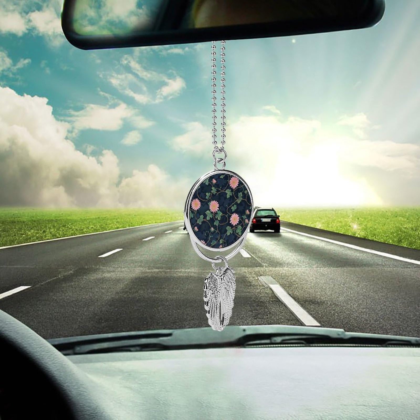 Metal Car Pendant Charms Daisies and Vines Car Rear View Mirror Charms Angel Wing Auto Rearview Mirror Hanging Interior Ornament Pendant Car Accessories for Women Men Car Interior Decor