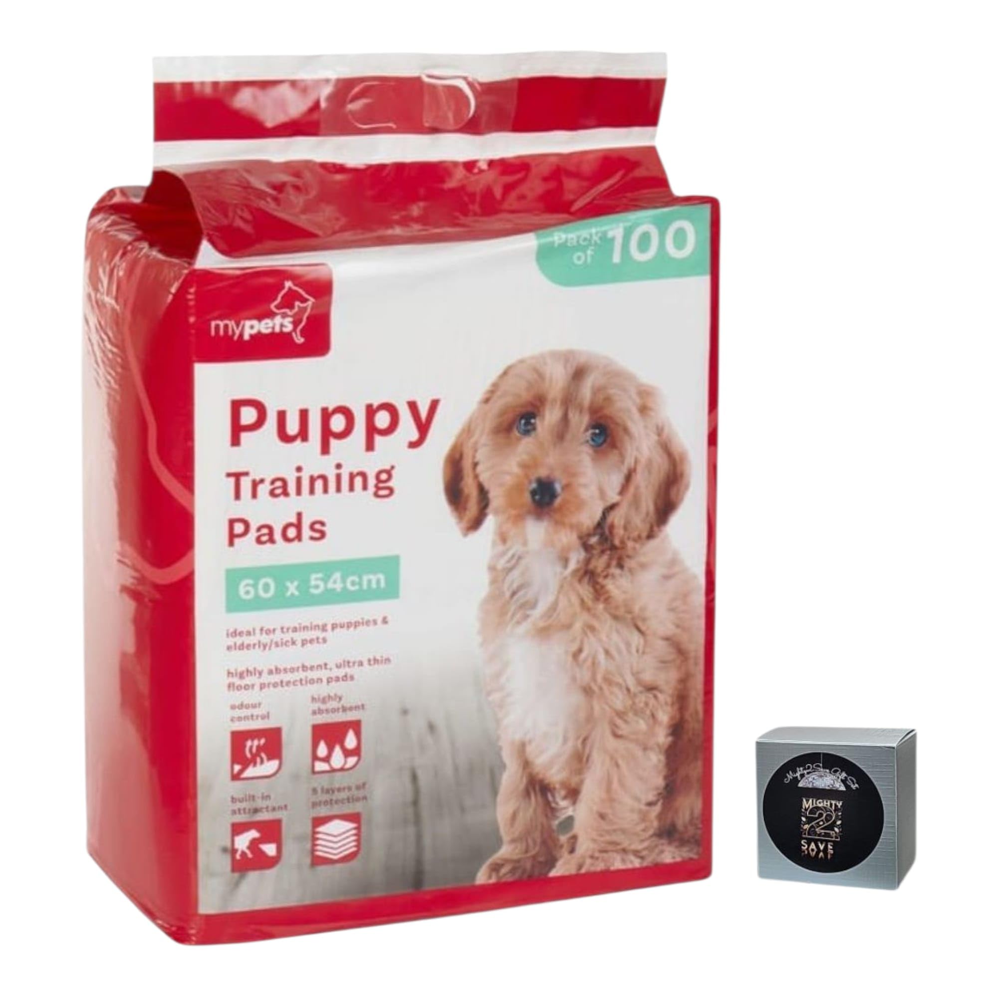 My Pets Puppy Training Pads 60 x 54 cm, With 5 layers of protection, built-in odour control and built-in attractant for puppies (pack of 100)
