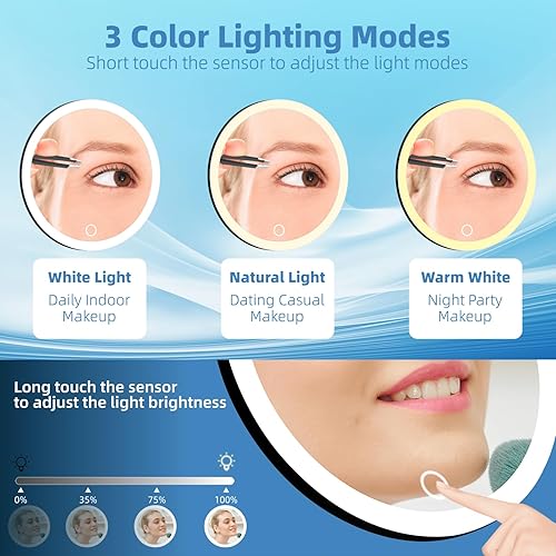 Miniatura 2 de 10 espejos de aumento con luz, 3 modos de color atenuación de 6 pulgadas, 10 espejos con aumento con 3 ventosas, espejo de aumento de viaje 10x,