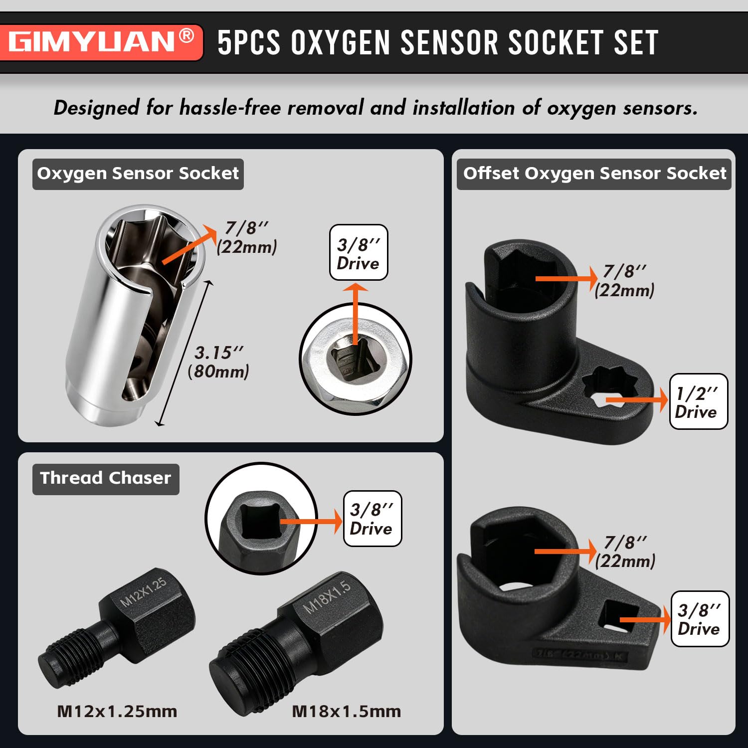 5tlg Lambdasonden Schlüssel Nüsse Set - 22mm Sauerstoffsensor Abzieher & Gewindereparatur Satz