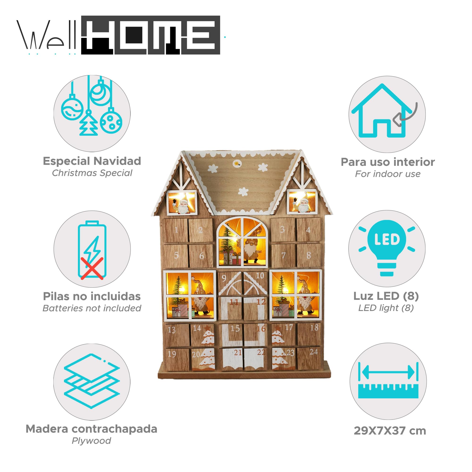 Well Home LED-Adventskalender aus Sperrholz mit Boxen und Lichtern