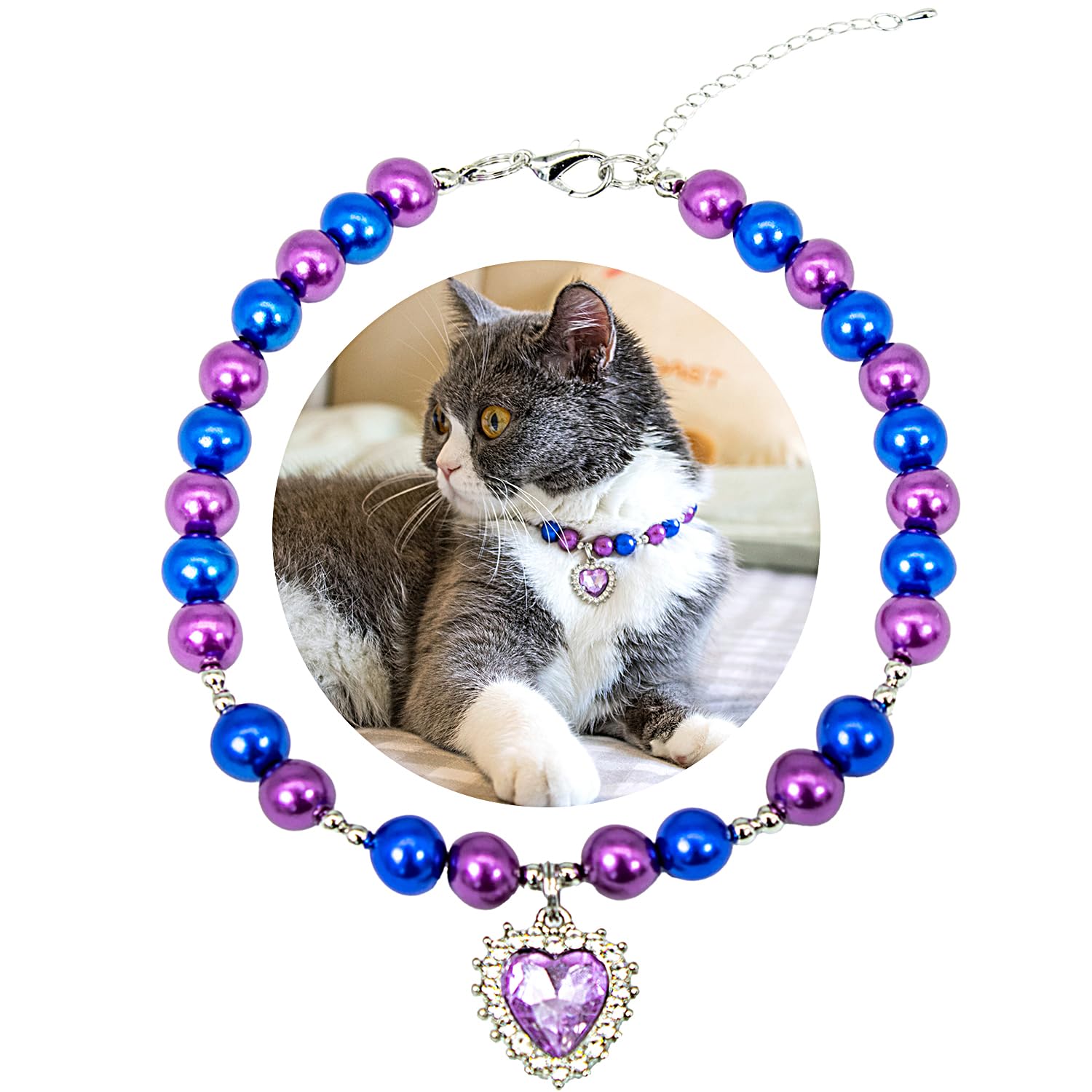 SM4BED Dog Cat Collar Pearl Necklace, Purple and Blue Beads with Shiny Rhinestone Diamond Pendant and Silver Beads, Adjustable Puppy Jewelry for Small Medium Pet, M 11IN