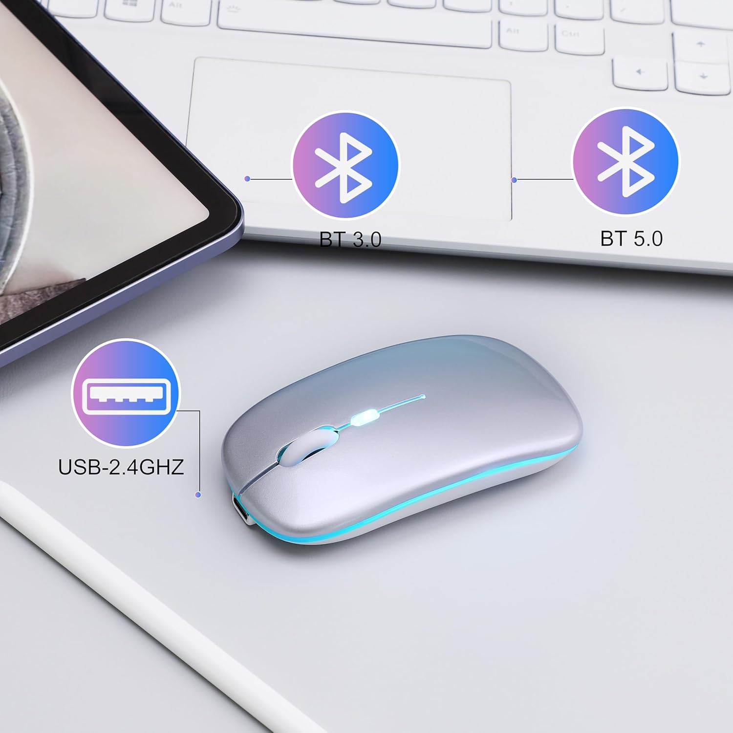 Wireless Bluetooth Mouse Rechargeable Long Lasting Dual Mode - BT 5.2 & 2.4G Silent RGB LED Mice, Slim Portable Ergonomic Mouse for Laptop/PC/Tablet/MacBook/iPad/Apple Devices(Silver) - Image 4