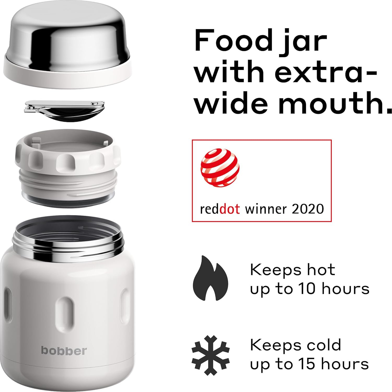 BOBBER 16 oz Insulated Stainless Steel Food Thermo for Hot Food, Extra-Wide Mouth Lunch Container for Adults with Spoon and Bowl, Dishwasher Safe - Keeps Meals Hot for 10 Hours (Grey)