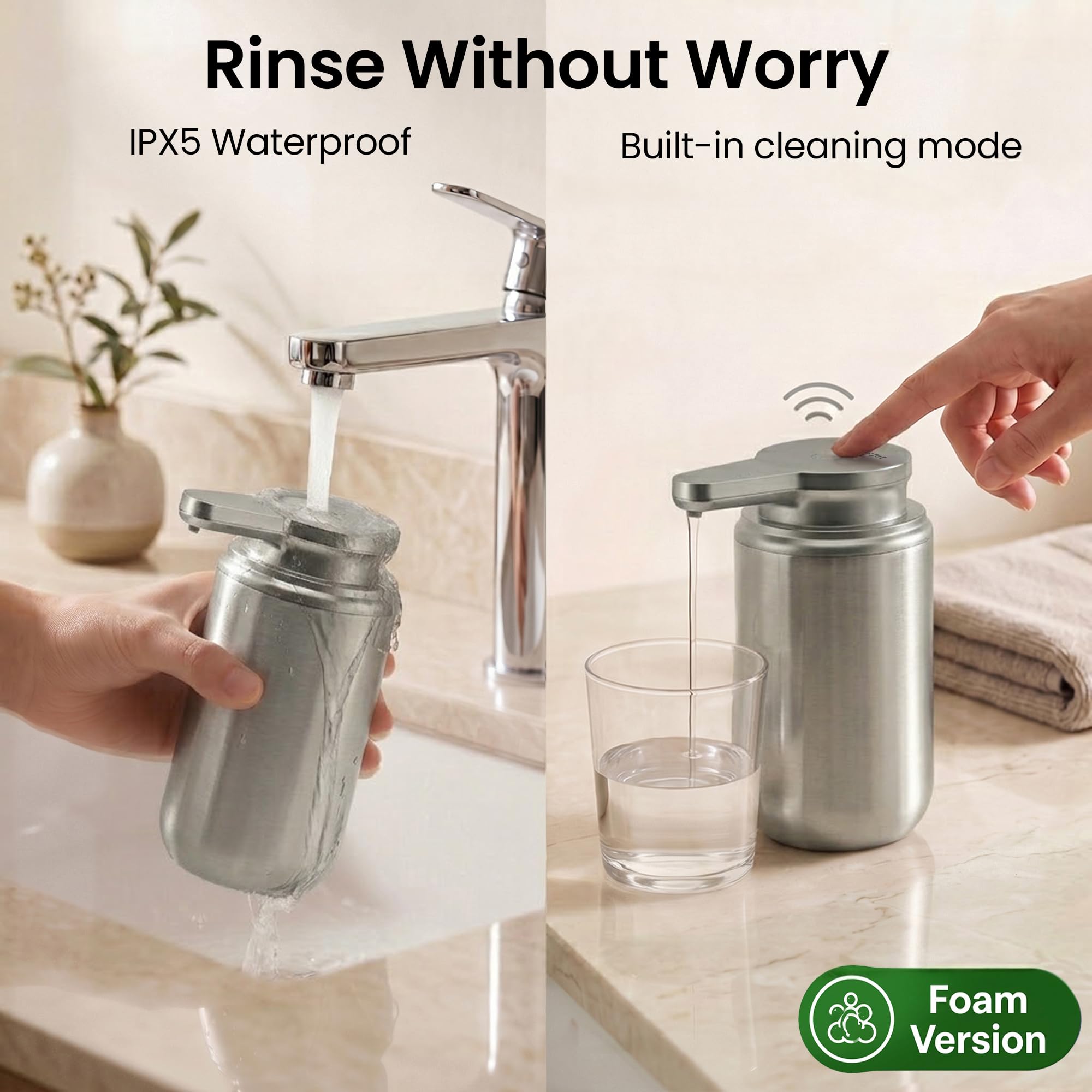GentleJet SimpleFoam, dispenser automatico di sapone in schiuma, ricaricabile, senza contatto, per bagno o cucina, doppi livelli di schiuma, modalità di pulizia automatica (acciaio spazzolato, 350 ml)