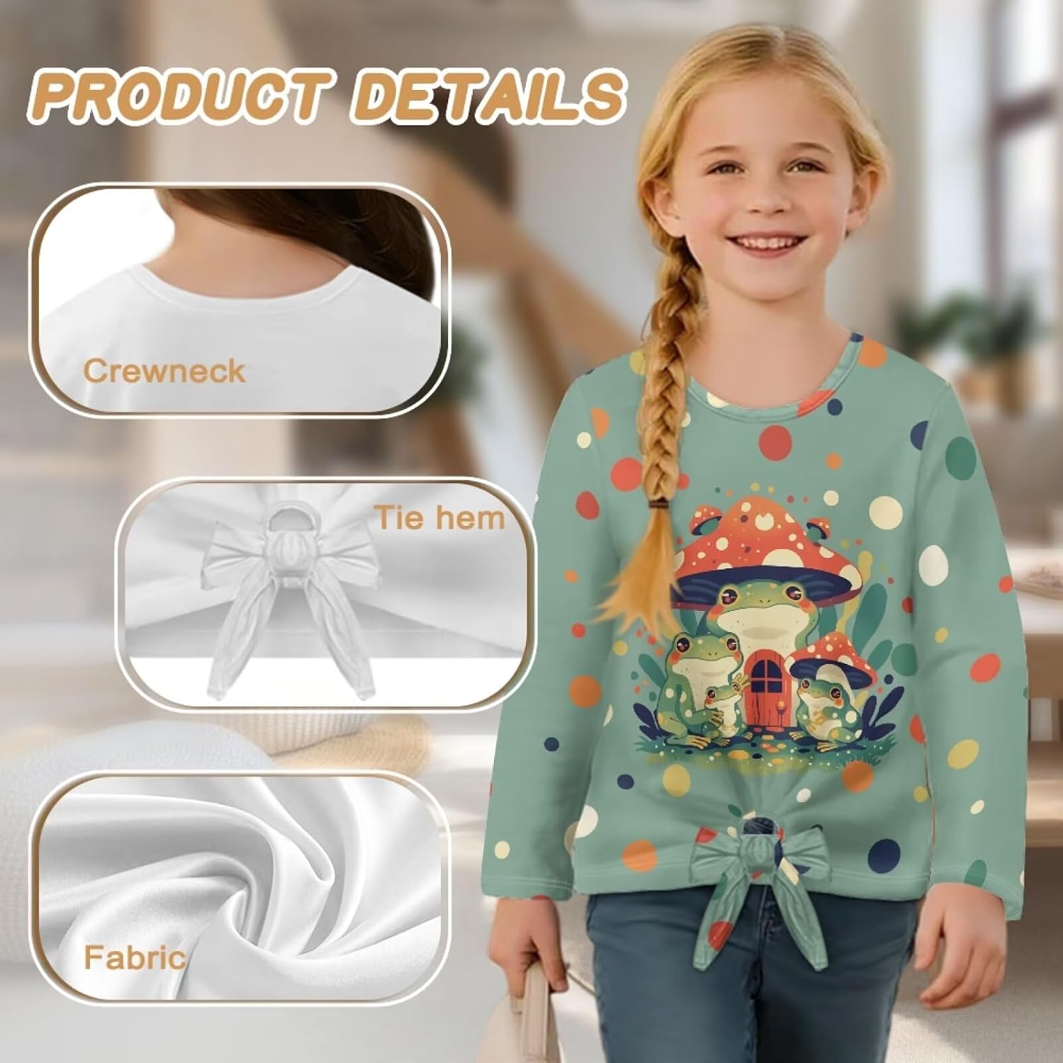 Long Sleeve Crew Neck Shirts Girls Sweatshirt Casual Kids Blouse Soft Tie Front Knot Child Tees Size 5-12