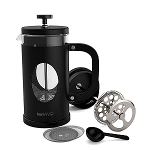 bonVIVO Cafetera Francesa GAZETARO I – Prensa Francesa de Émbolo en Acero Inoxidable y Cristal – Cafetera de Émbolo Manual para Café Molido, Cold Brew e Infusiones, 1000ml Negro