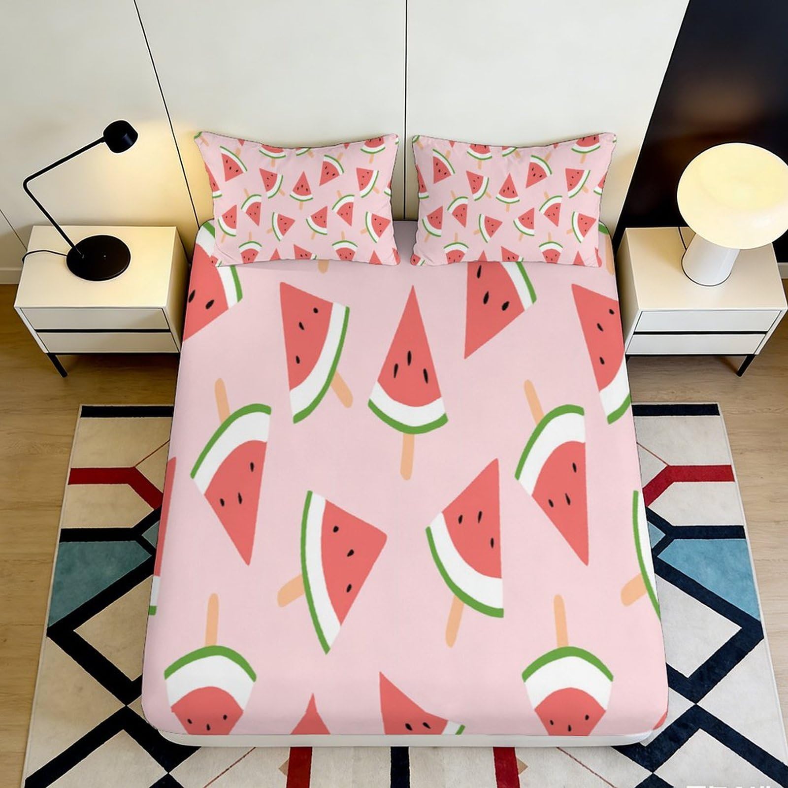 3D Printed Watermelon Popsicle Fitted Sheet Microfiber Pink Fruit Bed Cover for Bedroom Guest Room Mattress Protection 90x200x25cm