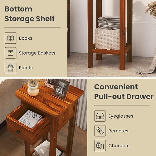 Miniatura 5 de Giantex Mesa auxiliar estrecha con cajón, mesa auxiliar alta de madera de acacia con estante inferior, mesas de noche modernas, mesita de noche de 2