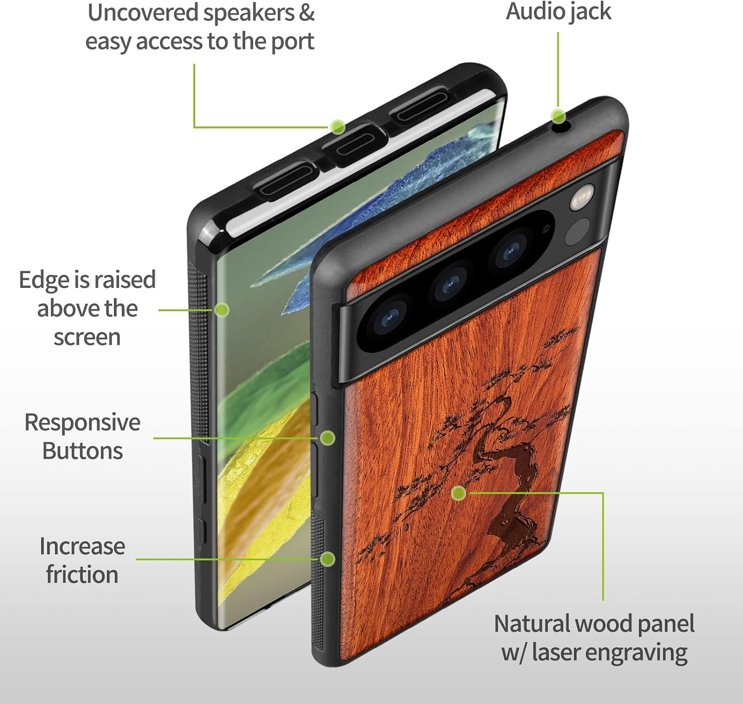 Carveit Wood Case for Pixel 8 Pro Case [Natural Wood & Black Soft TPU] Shockproof Protective Unique Wooden Cover Compatible with Google Pixel 8 Pro (Majestic Pine Tree-Rosy)