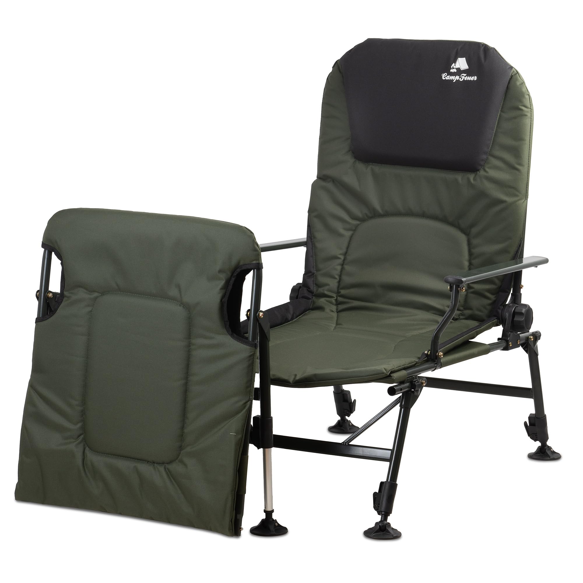 CampFeuer Silla de Pesca Plegable 2 en 1 Camuflaje Verde Oliva | Silla de Camping Regulable en Altura y Tumbona de Pesca | Silla de Viaje, para Camping, Acampada | Silla Plegable con Reposapiés