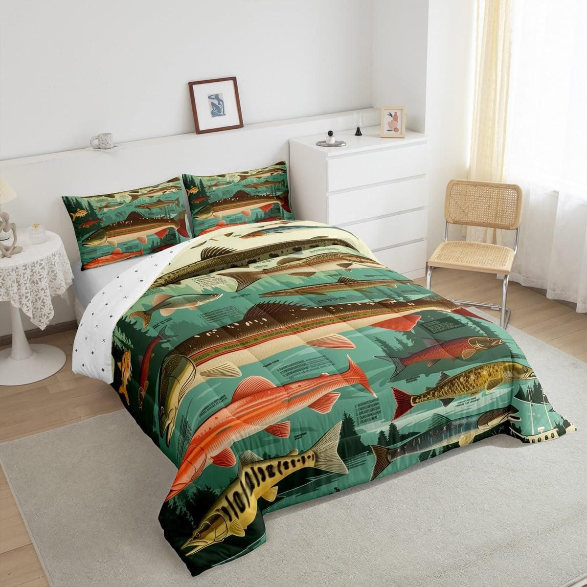 Erosebridal Fish Theme Queen Comforter Set,Fishing Lake House Bedding Sets for Kids Boys Men,Big Bass Pike Fish Quilt Bed Set,Rustic Cabin Farmhouse Bedroom Decor,2 Pillowcases Breathable