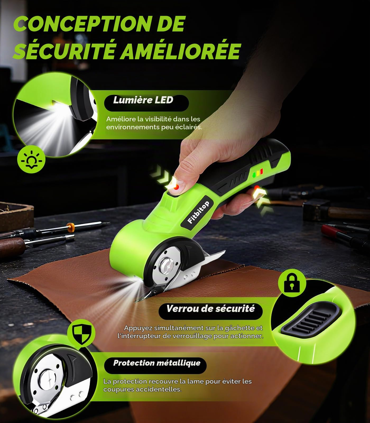 Ciseaux électriques rotatifs sans fil pour carton - Lame auto-affûtante - Coupe le cuir, le PVC, la moquette et le carton