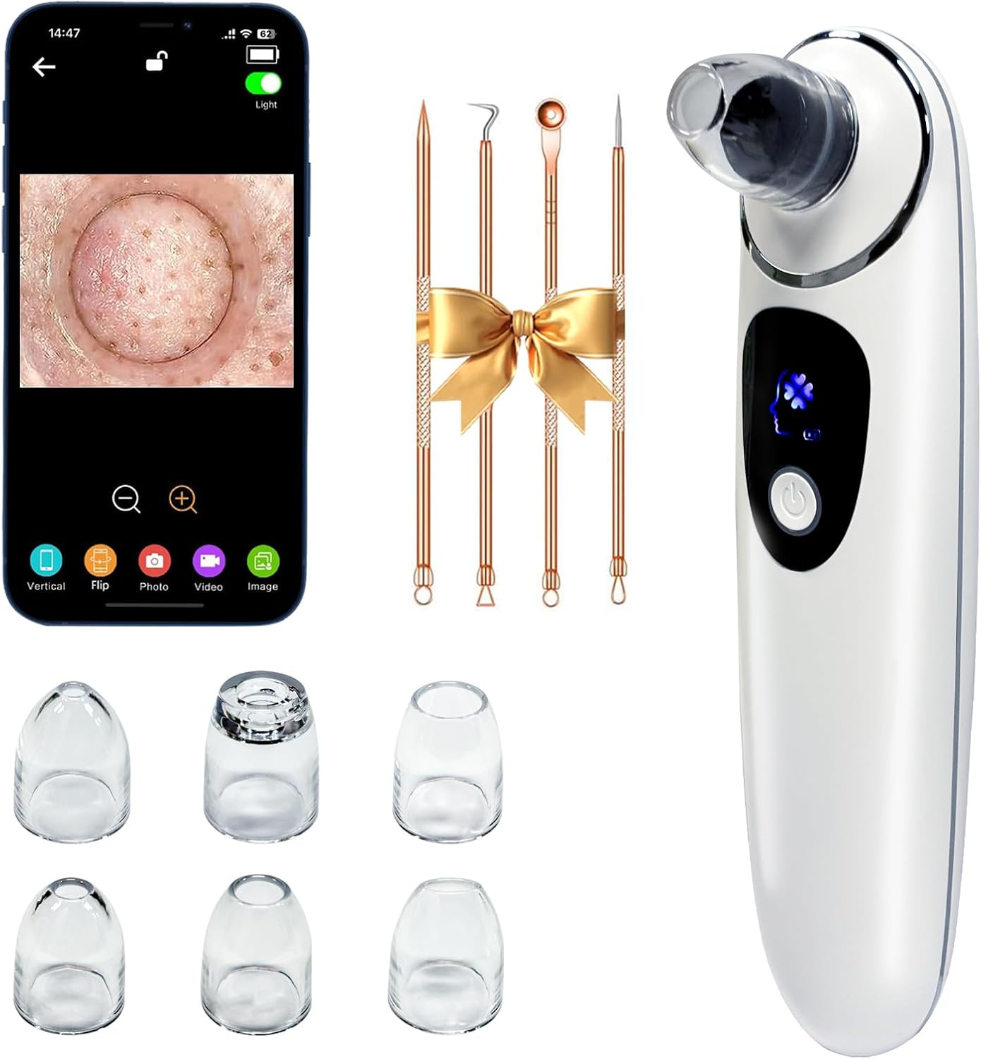 2026 Pore Vacuum with Camerafor, USB Rechargeable Blackhead Remover Vacuum,3 Levels Adjustable Pore Vacuum Blackhead Remover, 2Suction Heads,Face Vacuum Pore Cleanser for Women & Men-White