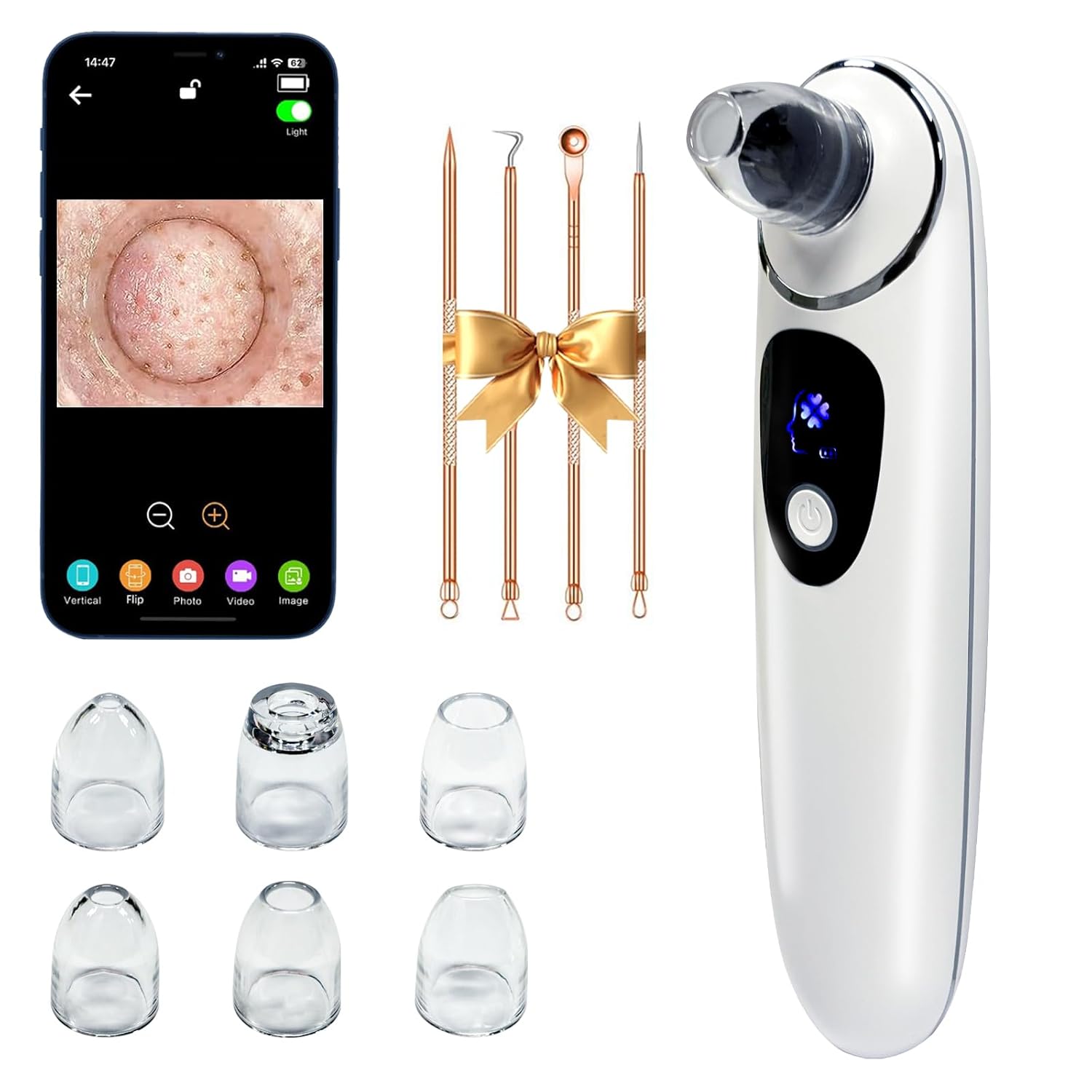 2025 Pore Vacuum with Camerafor, USB Rechargeable Blackhead Remover Vacuum,3 Levels Adjustable Pore Vacuum Blackhead Remover, 6 Suction Heads,Face Vacuum Pore Cleanser for Women & Men White