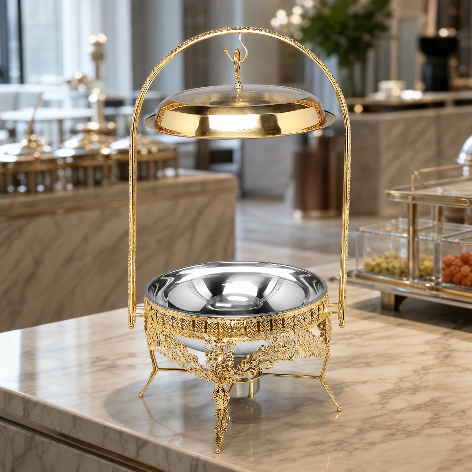 Calentador Buffet con Cuenco Redondo y Soporte Arqueado Decorativo para Catering, Bodas, Reuniones Familiares, Estilo B