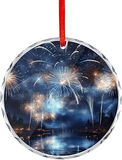 Hanging Round New Year Pyrotechnics Printed Crystal Glass Pendants, Transparent Glass Ornaments Suitable for Holiday Wedding Party Home Car Decorations
