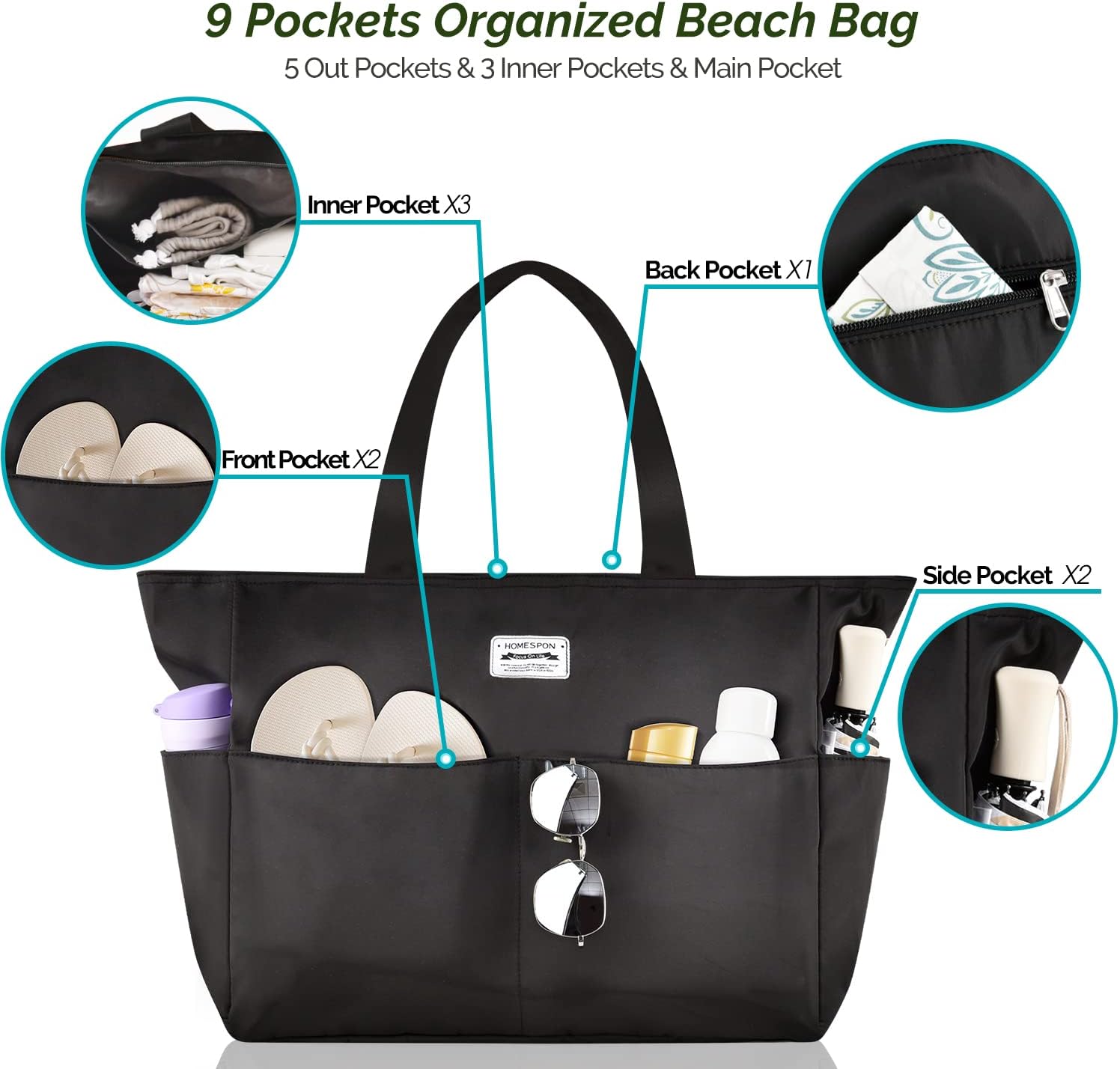 HOMESPON Large Waterproof Beach Bag for Women Sandproof Tote Bag Pool Bag with Zipper and Pockets for Travel Vacation Gym - Image 5