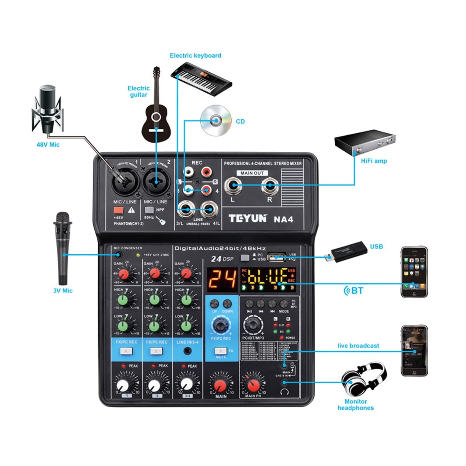 Attrezzatura per DJ per Feste Portable Mixing Console 4/6/8 Channel Bluetooth Soundcard USB Play Record PC Playback Mini Audio Mixer Broadcast Podcast NA4(A8)