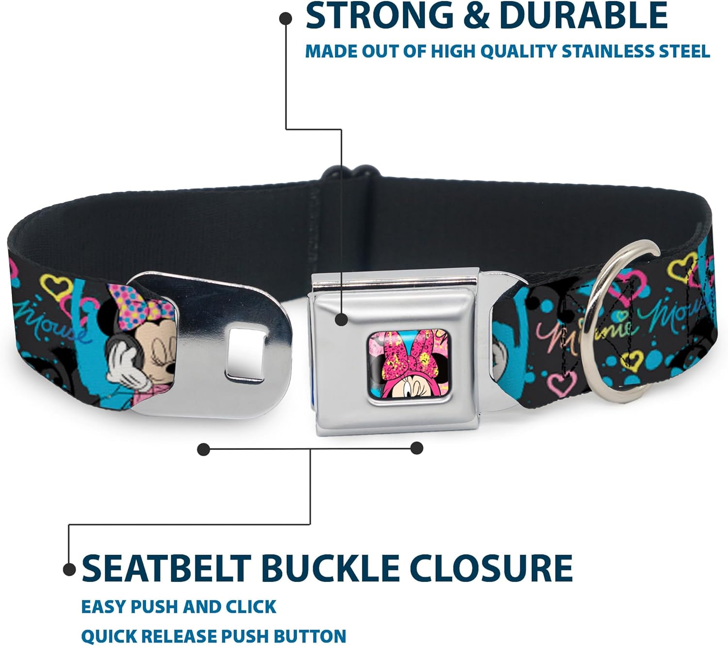 Buckle-Down Seatbelt Buckle Dog Collar - Minnie Mouse Hoody & Headphone Poses Gray/Multi Color - 1.5" Wide - Fits 18-32" Neck - Large