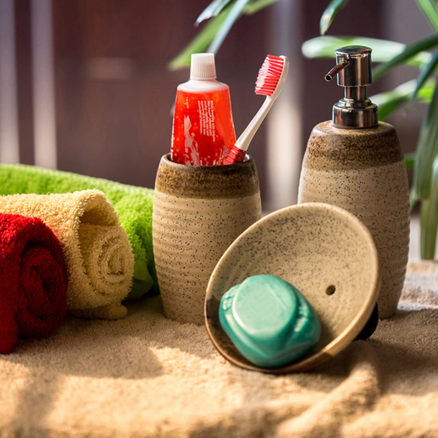 ExclusiveLane Ceramic Bath Decor Bathroom Accessory Cum Liquid Soap Dispenser (Set of 3, Brown) (EL-022-004_RLCT)