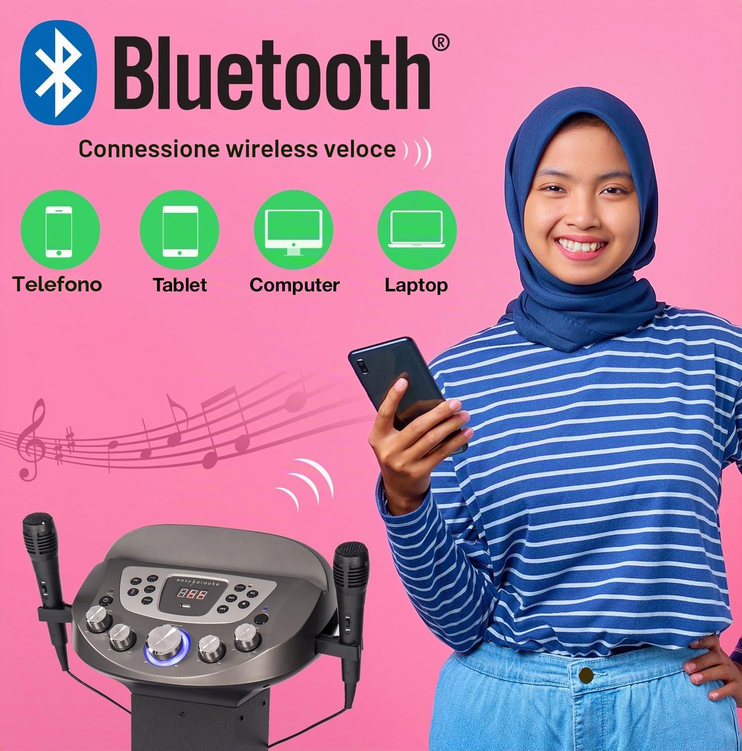 Easy Karaoke EKS828-BT - Sistema karaoke Bluetooth con altoparlanti integrati, potenza di picco di 90 W, luci LED, palla da discoteca e 2 microfoni